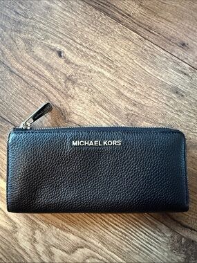 Michael Kors Black Pebbled Leather Zip Wallet with Gold Logo